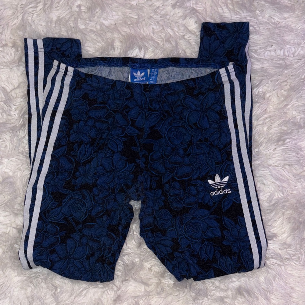 adidas Blue Floral Leggings with White Stripes